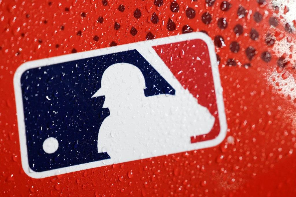 The MLB logo is seen during the 2025 MLB Speedway Classic