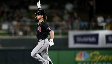 Alek Thomas #5 of the Arizona Diamondbacks reacts after hitting a solo home run in against the Athl...
