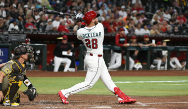 Tyler Locklear #28 of the Arizona Diamondbacks...