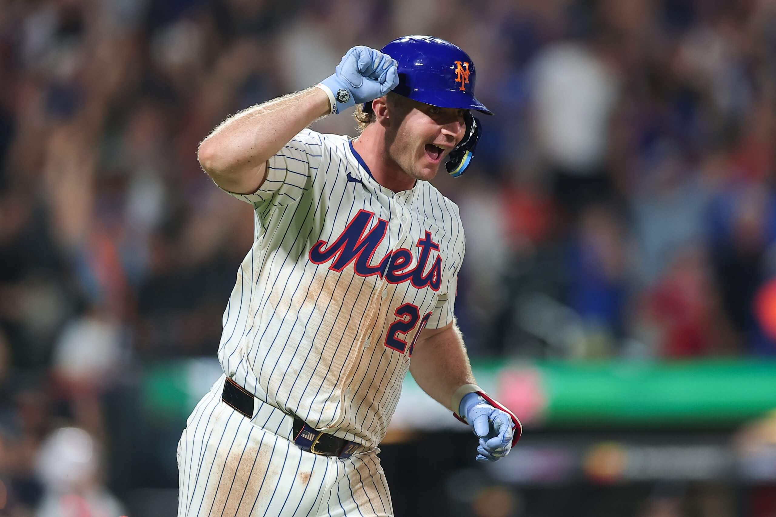 Pete Alonso #20 of the New York Mets reacts after hitting a solo home run during the sixth inning of the game against the Atlanta Braves at Citi Field on August 12, 2025 in New York City. (Photo by Dustin Satloff/Getty Images)