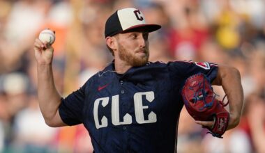Cleveland Guardians' Tanner Bibee pitches in the first inning of a baseball game against the San Francisco Giants, Friday, July 5, 2024, in Cleveland. (AP File Photo/Sue Ogrocki)