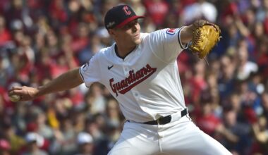 Cleveland Guardians relief pitcher Cade Smith, a University of Hawaii alumnus, threw in the third inning during Game 5 of the ALDS against the Detroit Tigers in Cleveland on Saturday.