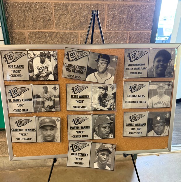 Former players on the New York Black Yankees team, which played in the Negro Leagues from 1932-48, are displayed inside TD Bank Ballpark in Bridgewater on Saturday. (Greg Johnson/ Trentonian Photo)