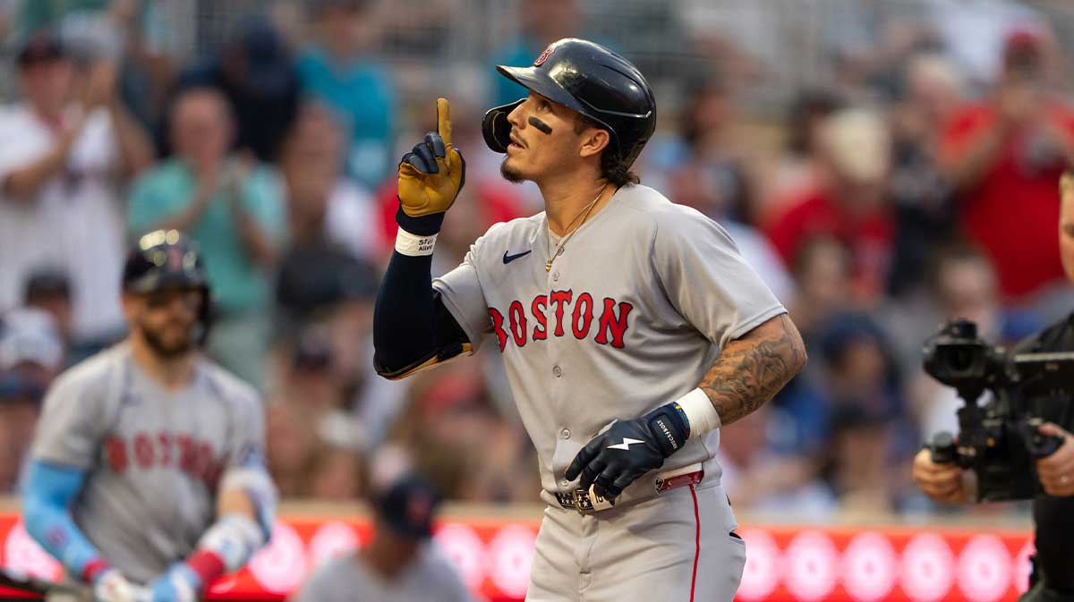 Boston Red Sox left fielder Jarren Duran (16) reacts after hitting a solo home run during the fifth inning against the Minnesota Twins at Target Field.