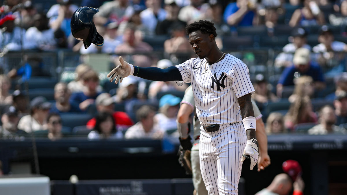 Jul 27, 2025; Bronx, New York, USA; New York Yankees second baseman Jazz Chisholm Jr. (13) reacts after striking out against the Philadelphia Phillies during the fifth inning at Yankee Stadium.