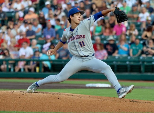Jonah Tong pitched 5 2/3 scoreless innings in the Syracuse Mets' 5-0 win over the Rochester Red Wings on Aug. 16, 2025.