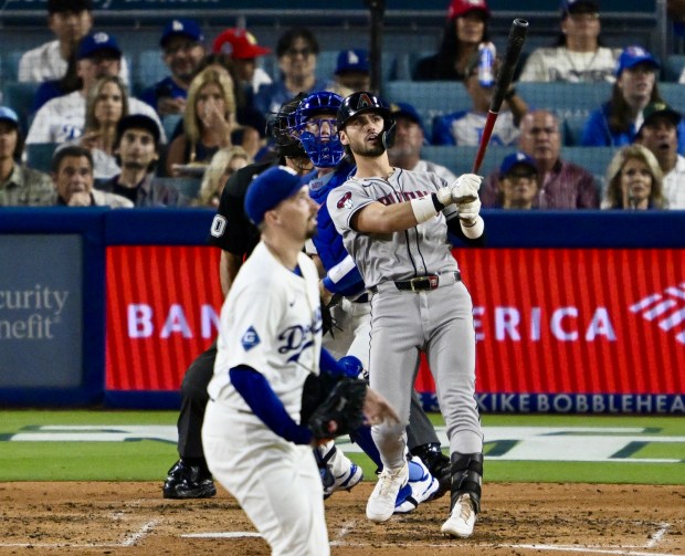 The Arizona Diamondbacks’ Blaze Alexander hits a two-run home run...