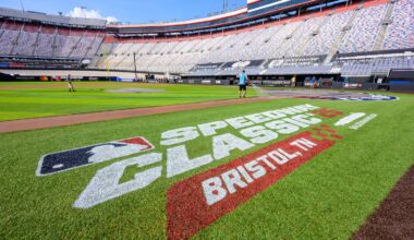 The grounds crew prepares the baseball field inside the racetrack at Bristol Motor Speedway on  Thursday ahead of Saturday night's MLB Speedway Classic between the Reds and Braves.