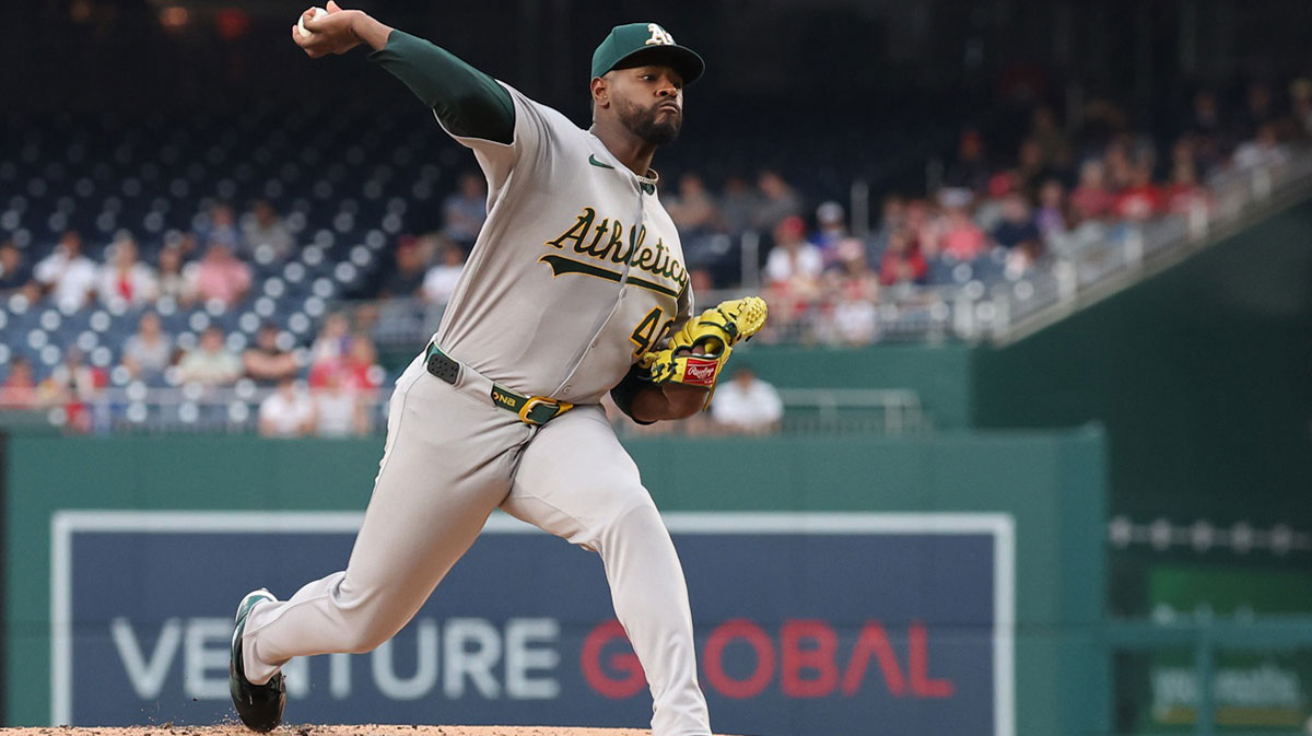 Athletics starting pitcher Luis Severino (40) pitches against the Washington Nationals during the first inning at Nationals Park.