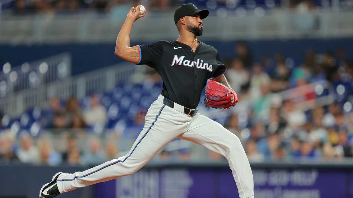 Miami Marlins starting pitcher Sandy Alcantara (22) delivers a pitch against the Kansas City Royals during the first inning at loanDepot Park.