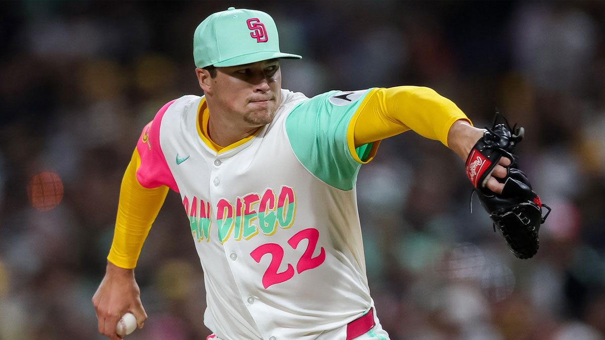 Aug 1, 2025; San Diego, California, USA; San Diego Padres pitcher Mason Miller (22) pitches during the eighth inning against the St. Louis Cardinals at Petco Park. Mandatory Credit: Chadd Cady-Imagn Images