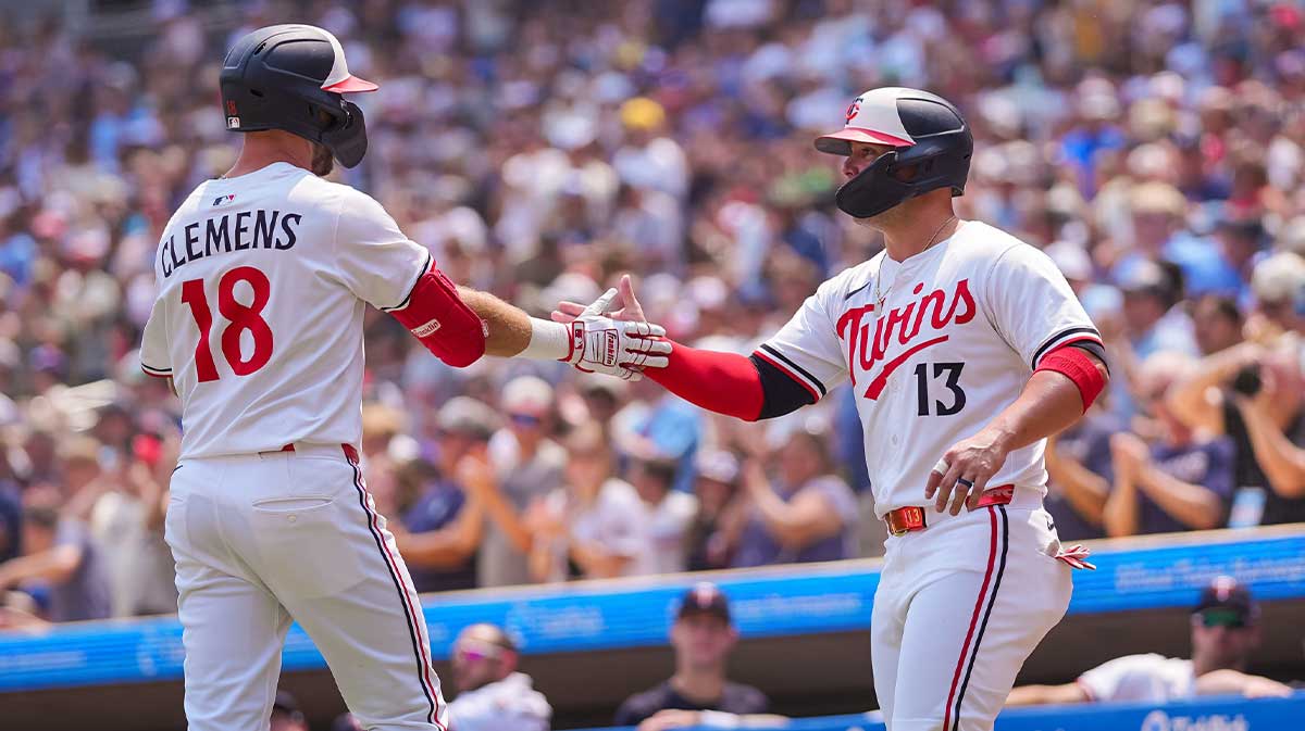 Minnesota Twins second base Kody Clemens (18) celebrates his home run with first base Ty France (13) against the Pittsburgh Pirates in the second inning at Target Field. Buxton