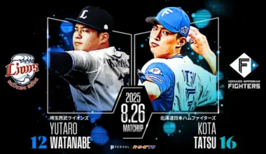 Saitama Seibu Lions pitcher Yutaro Watanabe (left) and Hokkaido Nippon-Ham Fighters pitcher Kota Tatsu (right) ©PLM