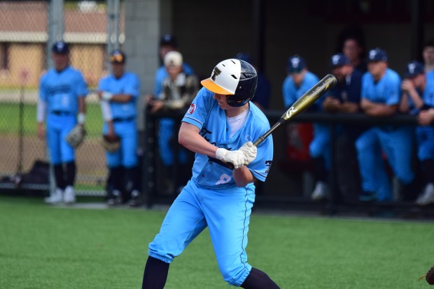 Trenton's Easton Demers starts his swing during an at-bat of the Trojans' DRL battle on the road vs Anderson on May 5, 2025. (ALEXANDER MULLER -- MediaNews Group)