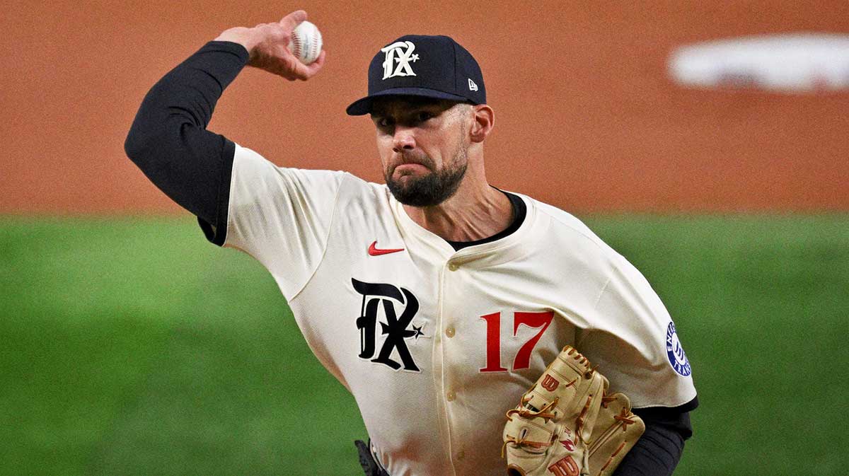 Texas Rangers starting pitcher Nathan Eovaldi (17) pitches against the Atlanta Braves during the first inning at Globe Life Field.