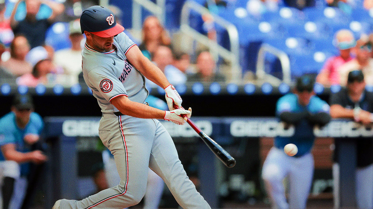 Washington Nationals shortstop Paul DeJong (14) hits an RBI single against the Miami Marlins during the fourth inning at loanDepot Park.
