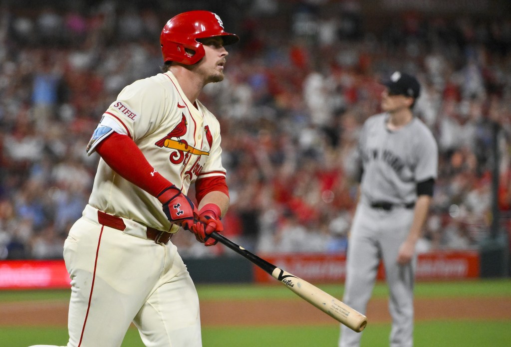 Nolan Gorman runs down the line after hitting a two-run homer off Max Fried (background) during the sixth inning of the Yankees' 12-8 win over the Cardinals on Aug. 16, 2025.