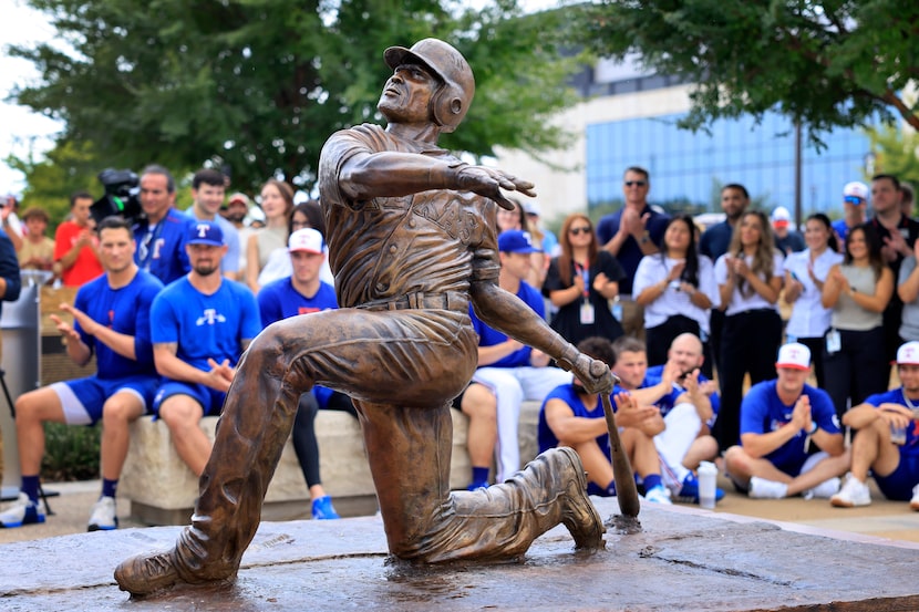 Texas Rangers Baseball Hall of Famer Adrian Beltre’s full-size bronze statue shows him going...
