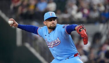 Texas Rangers starting pitcher Nathan Eovaldi throws during the first inning of a baseball game against the Boston Red Sox in Arlington, Texas, Sunday, Aug. 4, 2024. (AP Photo/LM Otero)