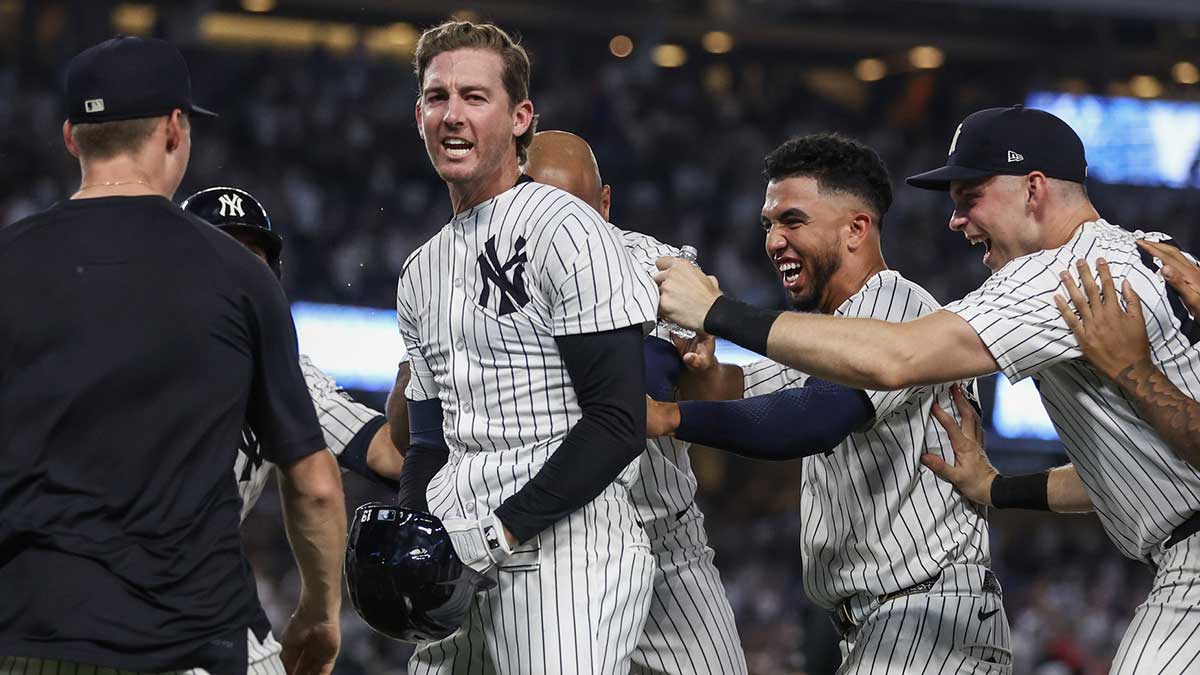 Jul 30, 2025; Bronx, New York, USA; New York Yankees third baseman Ryan McMahon (19) celebrates with his teammates after hitting a game winning RBI single in the eleventh inning to defeat the Tampa Bay Rays 5-4 at Yankee Stadium. 