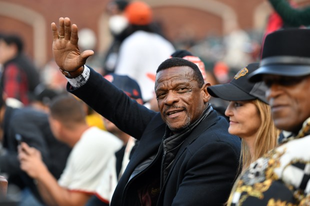 SAN FRANCISCO, CA - JUNE 26: Former Oakland Athletics player Rickey Henderson waves to fans before their game at Oracle Park in San Francisco, Calif., on Saturday, June 26, 2021. (Jose Carlos Fajardo/Bay Area News Group)