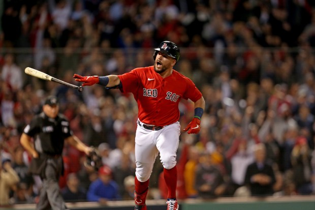 BOSTON, MA - October 5: Boston Red Sox left fielder Kyle Schwarber (18) hits a solo HR in the third as the Red Sox takes on the Yankees in the AL Wild Card playoff game at Fenway Park on October 5, 2021 in , BOSTON, MA. (Staff Photo By Stuart Cahill/MediaNews Group/Boston Herald)