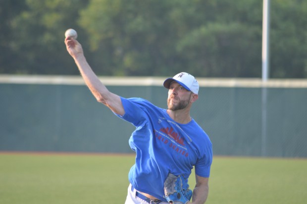 Former Providence standout Kris Honel gets some side work in before a Beecher Muskies game at Lee Pfund Stadium in Carol Stream on Thursday, July 31, 2025. (Jeff Vorva / Daily Southtown)