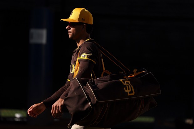 Ethan Salas walks to the field during Padres spring training workouts at the Peoria Sports Complex on Tuesday, Feb. 18, 2025 in Peoria, Ariz.. (Meg McLaughlin / The San Diego Union-Tribune)
