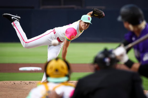 Padres starting pitcher Nick Pivetta works  against the  Rockies on Friday. (Meg McLaughlin / The San Diego Union-Tribune)