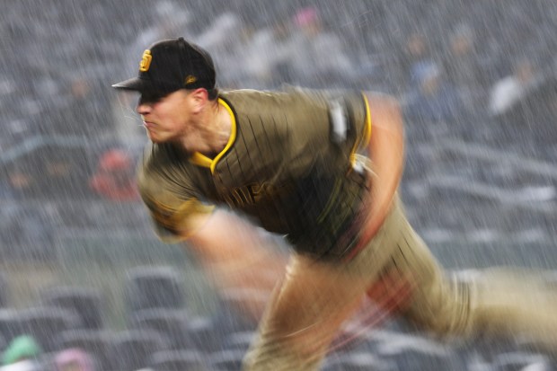 Nick Pivetta #27 of the San Diego Padres pitches in the rain during the fourth inning against the New York Yankees at Yankee Stadium on May 05, 2025 in the Bronx borough of New York City. (Photo by Sarah Stier/Getty Images)