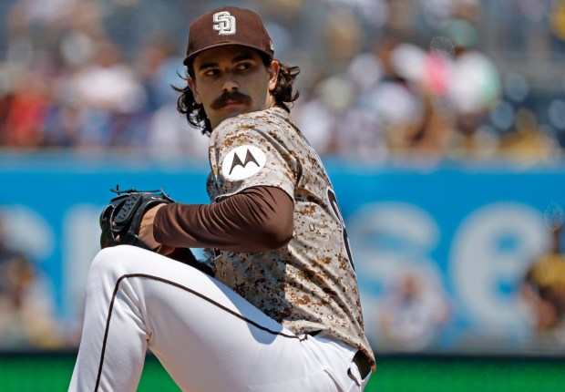 Dylan Cease #84 of the San Diego Padres pitches against the St. Louis Cardinals at Petco Park on Aug. 3, 2025 in San Diego, California. (K.C. Alfred / The San Diego Union-Tribune)