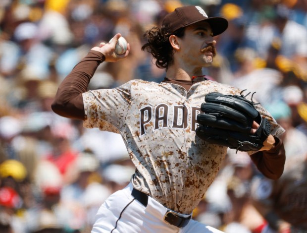 Dylan Cease #84 of the San Diego Padres pitches against the St. Louis Cardinals at Petco Park on Aug. 3, 2025 in San Diego, California. (K.C. Alfred / The San Diego Union-Tribune)