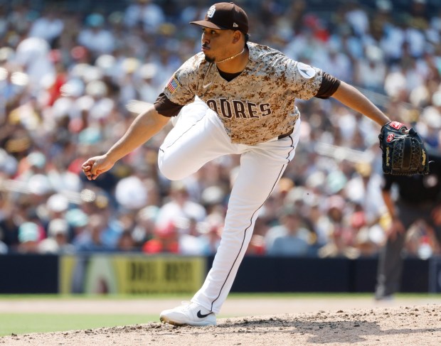 Jeremiah Estrada #56 of the San Diego Padres pitches against St. Louis Cardinals at Petco Park on Aug. 3, 2025 in San Diego, California. (K.C. Alfred / The San Diego Union-Tribune)