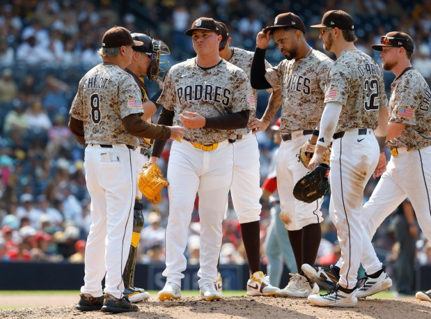 Adrian Morejon #50 of San Diego Padres is pulled from the game by manager Mike Shildt in the ninth inning against the St. Louis Cardinals at Petco Park on Aug. 3, 2025 in San Diego, California. (K.C. Alfred / The San Diego Union-Tribune)