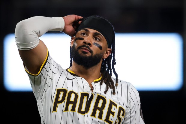 Fernando Tatis Jr. #23 of the San Diego Padres looks on during the seventh inning against the Texas Rangers at Petco Park on Saturday, July 5, 2025 in San Diego, CA.(Meg McLaughlin / The San Diego Union-Tribune)