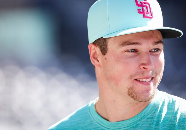 Mason Miller #22 of the San Diego Padres looks on before their game against the Cardinals at Petco Park on Friday, Aug. 1, 2025 in San Diego, CA. (Meg McLaughlin / The San Diego Union-Tribune)