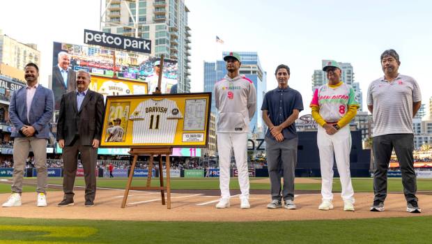 San Diego Padres CEO Erik Greupner, Chairman and Control Person John Seidler, Yu Darvish, President of baseball operations A.J. Preller, manager Mike Shildt, and Japanese former baseball pitcher Hideo Nomo stand together as Darvish is honored for his 204th career combined victories between Nippon Professional Baseball in Japan and MLB before their game against the St. Louis Cardinals at Petco Park on Friday, Aug. 1, 2025 in San Diego, CA. (Meg McLaughlin / The San Diego Union-Tribune)