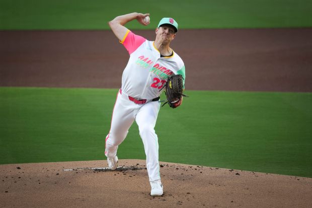 Nick Pivetta #27 of the San Diego Padres pitches against the St. Louis Cardinals during the first inning at Petco Park on Friday, Aug. 1, 2025 in San Diego, CA. (Meg McLaughlin / The San Diego Union-Tribune)