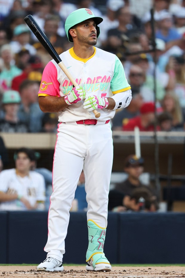 Ramon Laureano #5 of the San Diego Padres looks on before batting against the St. Louis Cardinals during the second inning at Petco Park on Friday, Aug. 1, 2025 in San Diego, CA. (Meg McLaughlin / The San Diego Union-Tribune)