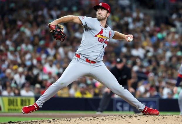 Matthew Liberatore #52 of the St. Louis Cardinals pitches against the San Diego Padres during the fifth inning at Petco Park on Friday, Aug. 1, 2025 in San Diego, CA. (Meg McLaughlin / The San Diego Union-Tribune)