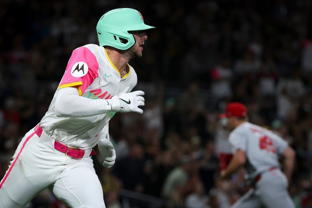 Jackson Merrill #3 of the San Diego Padres runs to first after a single against the St. Louis Cardinals during the fifth inning Petco Park on Friday, Aug. 1, 2025 in San Diego, CA. (Meg McLaughlin / The San Diego Union-Tribune)