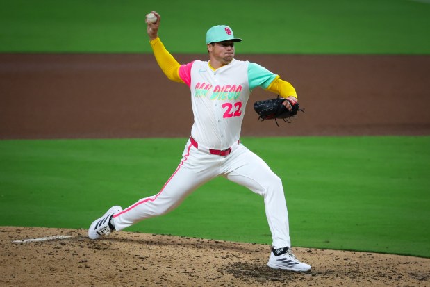 Mason Miller #22 of the San Diego Padres pitches against the St. Louis Cardinals during the eighth inning at Petco Park on Friday, Aug. 1, 2025 in San Diego, CA. (Meg McLaughlin / The San Diego Union-Tribune)
