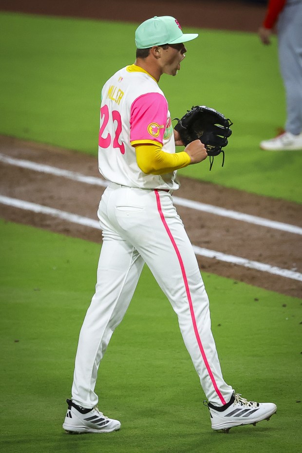 Mason Miller #22 of the San Diego Padres reacts after a double play ended the first half of the eighth inning against the St. Louis Cardinals at Petco Park on Friday, Aug. 1, 2025 in San Diego, CA. (Meg McLaughlin / The San Diego Union-Tribune)