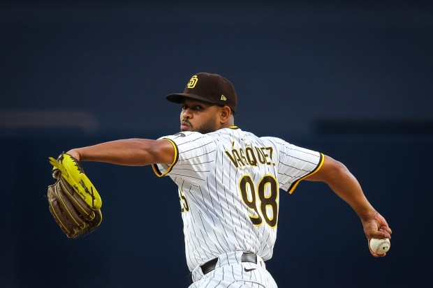 Randy Vasquez #98 of the San Diego Padres pitches against the St. Louis Cardinals during the first inning at Petco Park on Saturday, Aug. 2, 2025 in San Diego, CA. (Meg McLaughlin / The San Diego Union-Tribune)