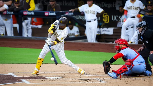 Luis Arraez #4 of the San Diego Padres singles against the St. Louis Cardinals during the first inning at Petco Park on Saturday, Aug. 2, 2025 in San Diego, CA. (Meg McLaughlin / The San Diego Union-Tribune)