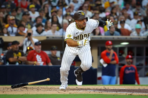Ramon Laureano #5 of the San Diego Padres runs after a triple against St. Louis Cardinals during the second inning at Petco Park on Saturday, Aug. 2, 2025 in San Diego, CA. (Meg McLaughlin / The San Diego Union-Tribune)