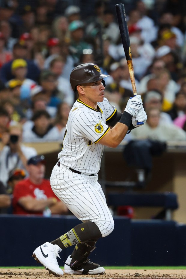 Freddy Fermin #54 of the San Diego Padres bats against the St. Louis Cardinals during the second inning at Petco Park on Saturday, Aug. 2, 2025 in San Diego, CA. (Meg McLaughlin / The San Diego Union-Tribune)