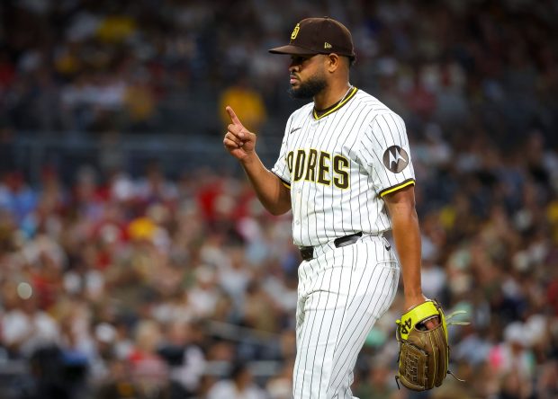 Randy Vasquez #98 of the San Diego Padres reacts after the first half of the third inning against the St. Louis Cardinals at Petco Park on Saturday, Aug. 2, 2025 in San Diego, CA. (Meg McLaughlin / The San Diego Union-Tribune)