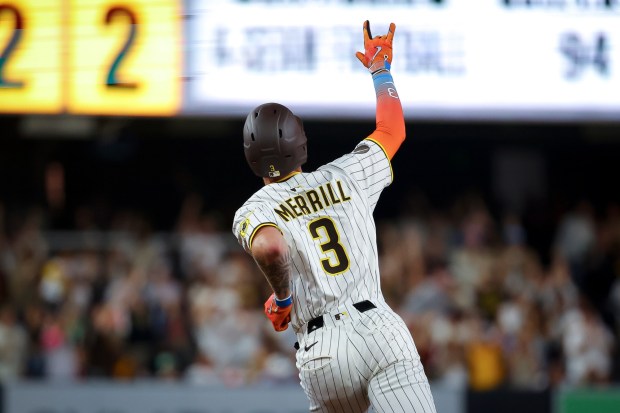 Jackson Merrill #3 of the San Diego Padres rounds the bases after a home run against the St. Louis Cardinals during the third inning at Petco Park on Saturday, Aug. 2, 2025 in San Diego, CA. (Meg McLaughlin / The San Diego Union-Tribune)