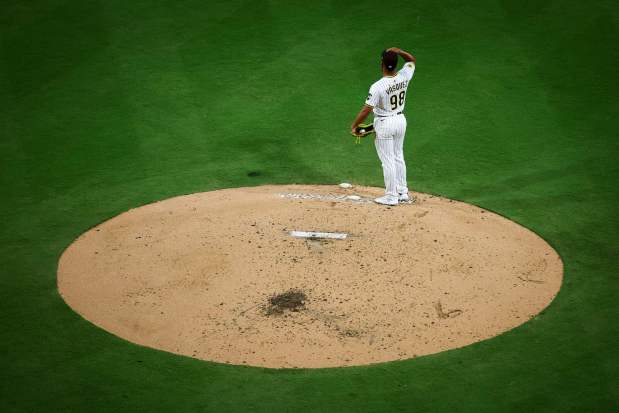 Randy Vasquez #98 of the San Diego Padres looks on after Pedro Pages #43 of the St. Louis Cardinals home run during the fourth inning at Petco Park on Saturday, Aug. 2, 2025 in San Diego, CA. (Meg McLaughlin / The San Diego Union-Tribune)